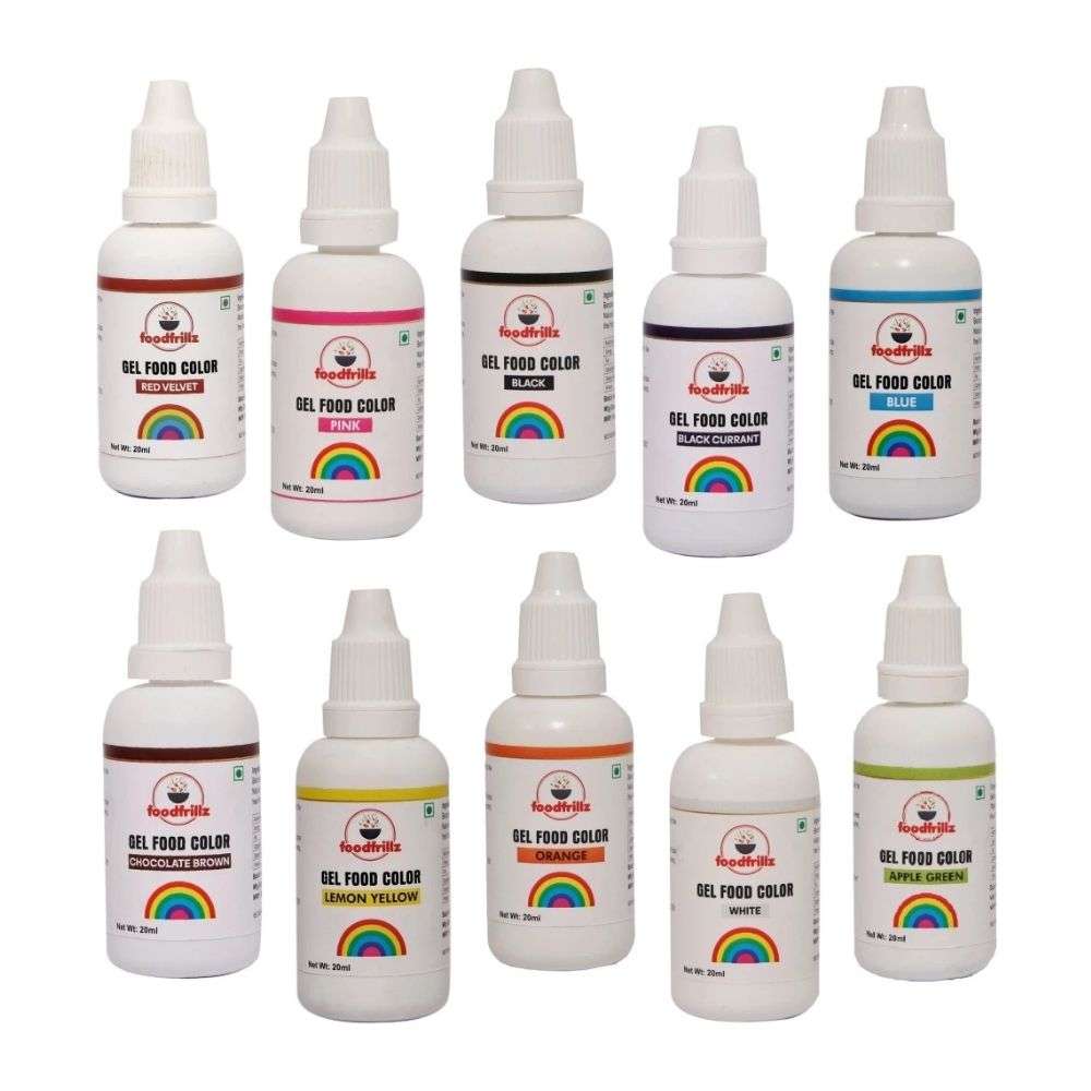 Food Gel Colour, Set of 10 (Red Velvet, Pink, Blue, Apple Green, Black Currant, Black, White, Choco Brown, Lemon Yellow, Orange) 20 ml each