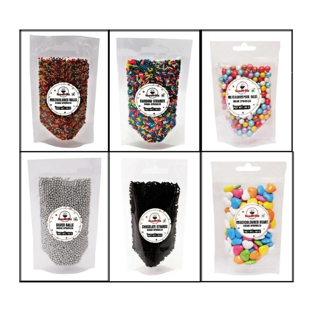 Sprinkles for cake combo pack of 6 - Chocolate & Rainbow Strands, Multicoloured & Silver Balls, Heart Candy & Multicoloured Pear Balls, 50 g each