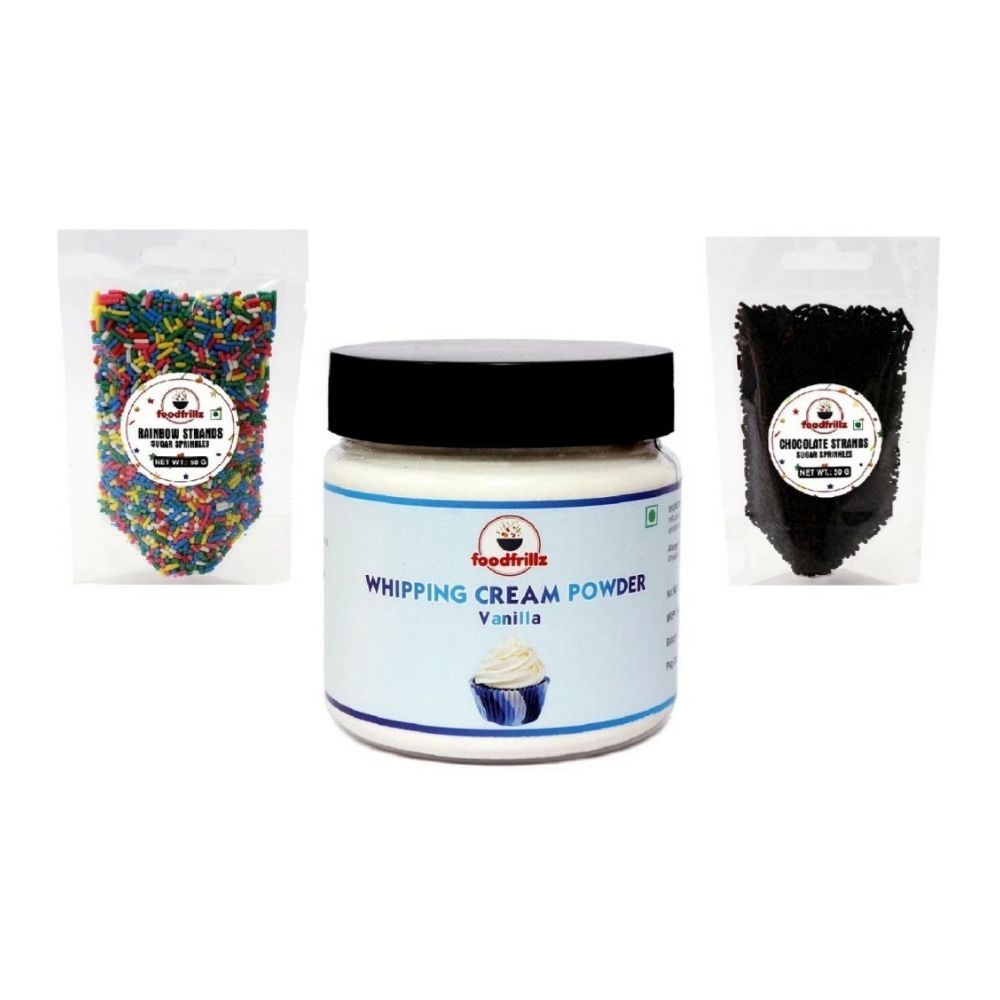 Whipping Cream Powder - All-Purpose / Vanilla (100)+ Rainbow Sprinkles (50 g) + Chocolate Strands Vermicelli (50 g),200 g Combo Pack