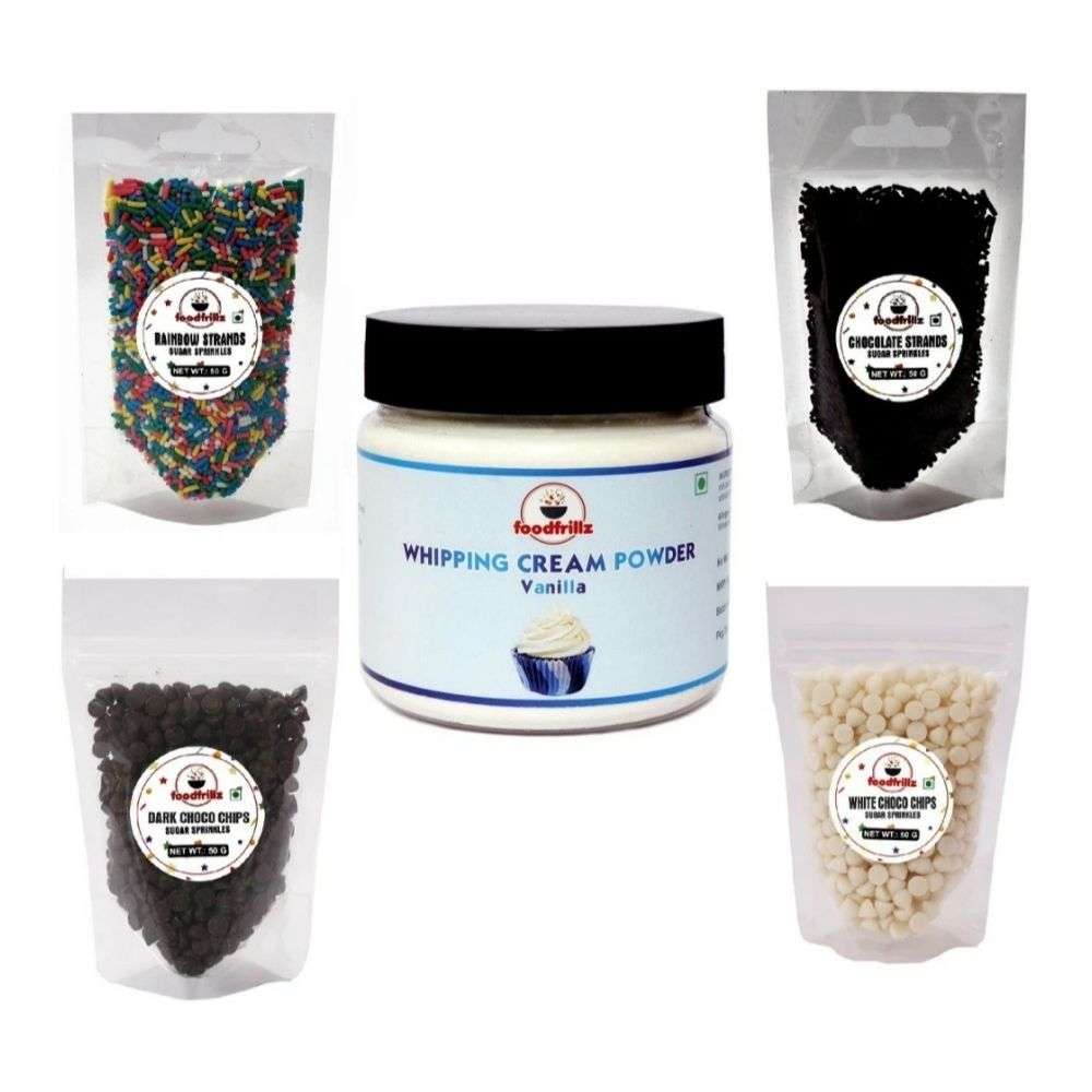 Whipping Cream Powder Vanilla (100 g) + White Choco Chips, Dark Choco Chips, Rainbow and Chocolate Vermicelli Sprinkles (50 g x 4),Combo Pack ,300 g