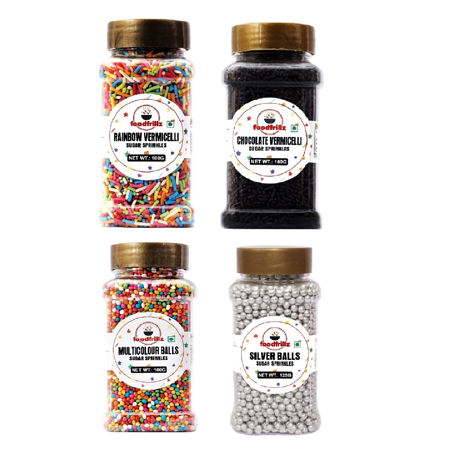 Silver Balls, Multicoloured Balls, Rainbow Strands & Chocolate Strands Vermicelli Sprinkles (425 g) Pack of 4
