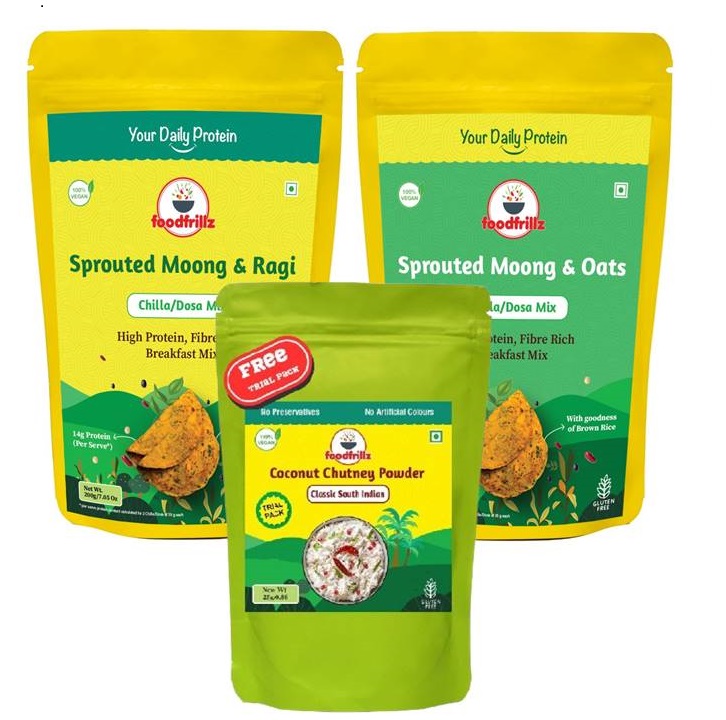 Dosa / Chilla Mix - Sprouted Lentil (Moong)-Ragi & Oats Flavour Combo Pack (200 g x 2) + FREE Coconut Chutney Powder (25g)