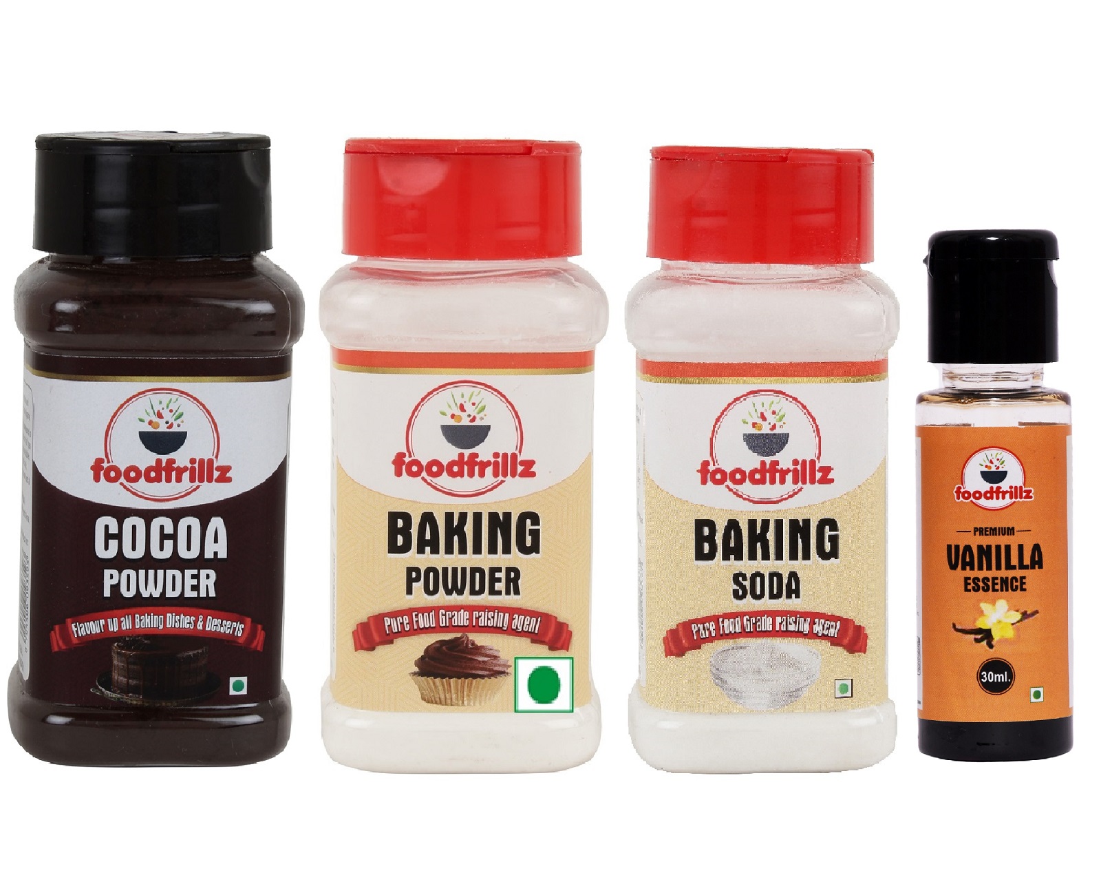 foodfrillz Cocoa Powder 60 gms, Baking Powder 100 gms, Baking Soda 140 gms, Vanilla Essence 30 ml Combo of 4