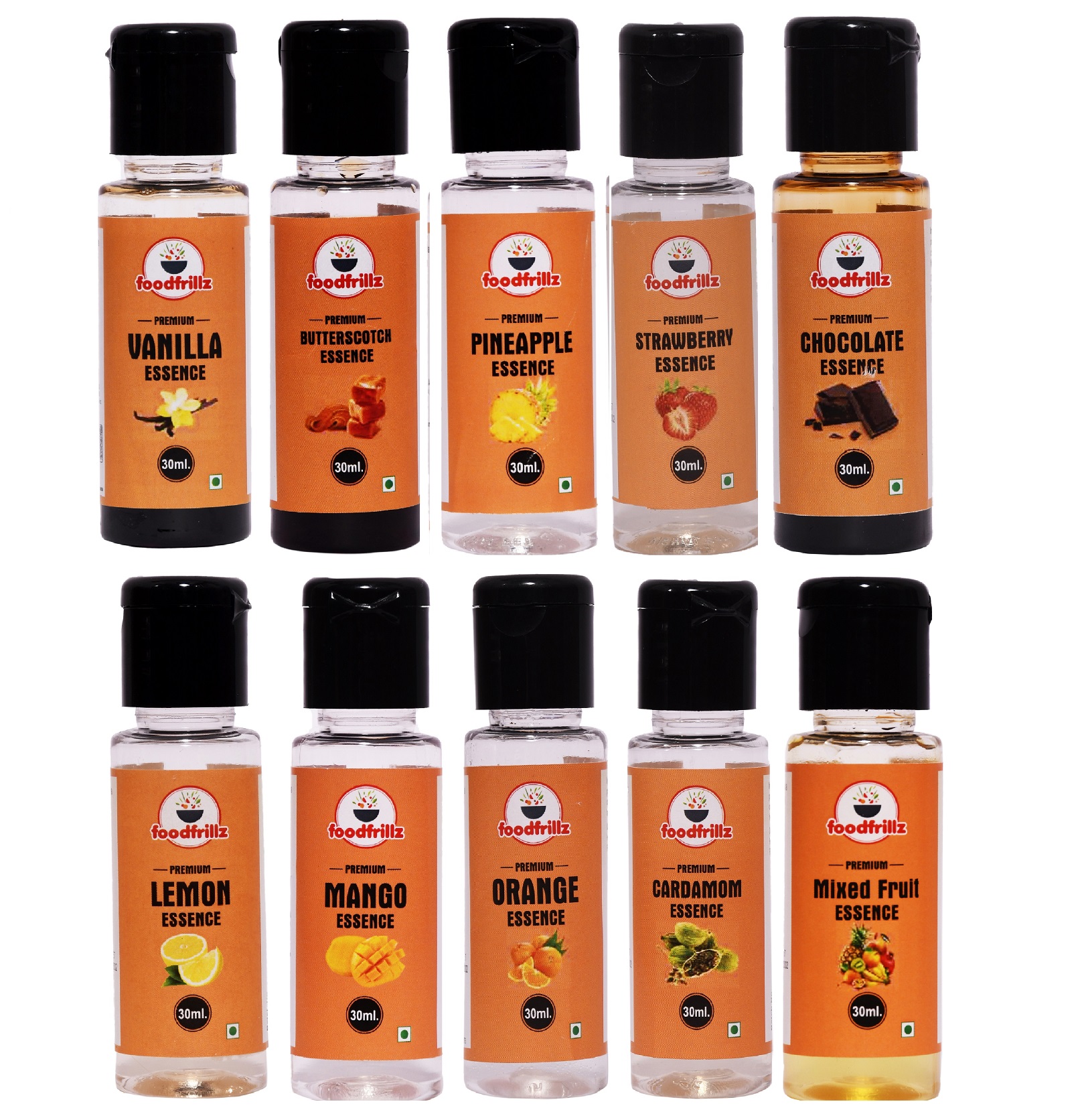 foodfrillz food essence pack of 10 (Vanilla+Strawberry+Butterscotch+Pineapple+Mix Fruit+Mango+Orange+Chocolate+Lemon+Cardamom)30 mlx10
