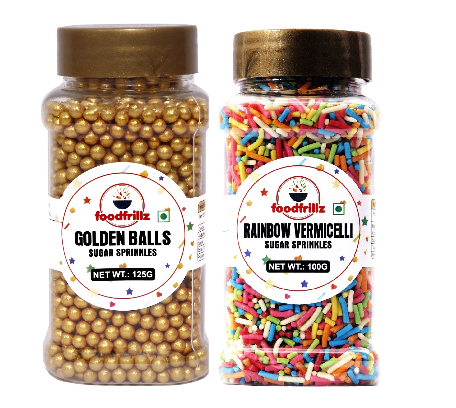 Golden Balls (125 g) & Rainbow Vermicelli (100 g) Sprinkles Combo Pack