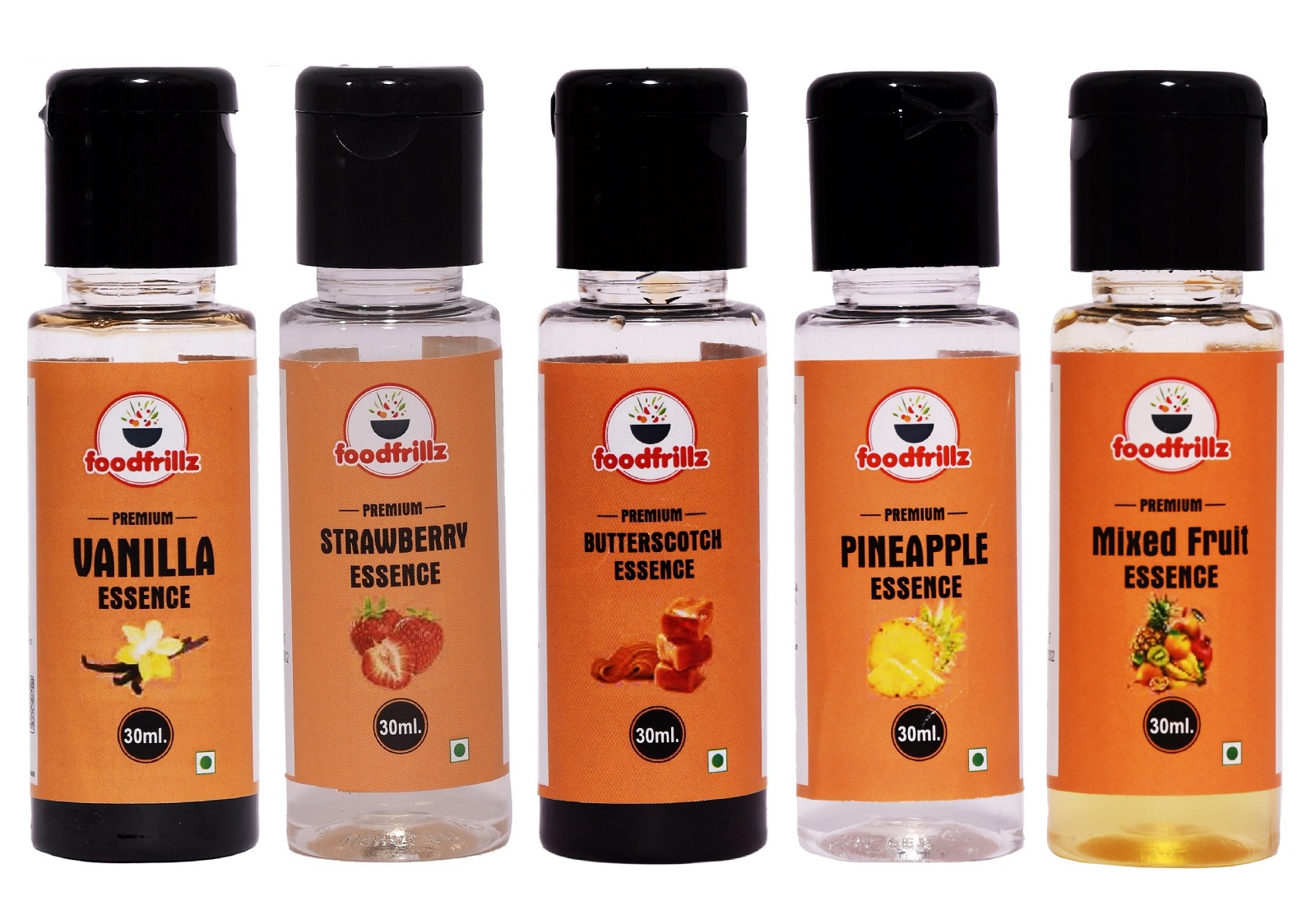 foodfrillz Vanilla, Butterscotch, Strawberry, Chocolate & Mix Fruit Food Essence, (30mlx5)