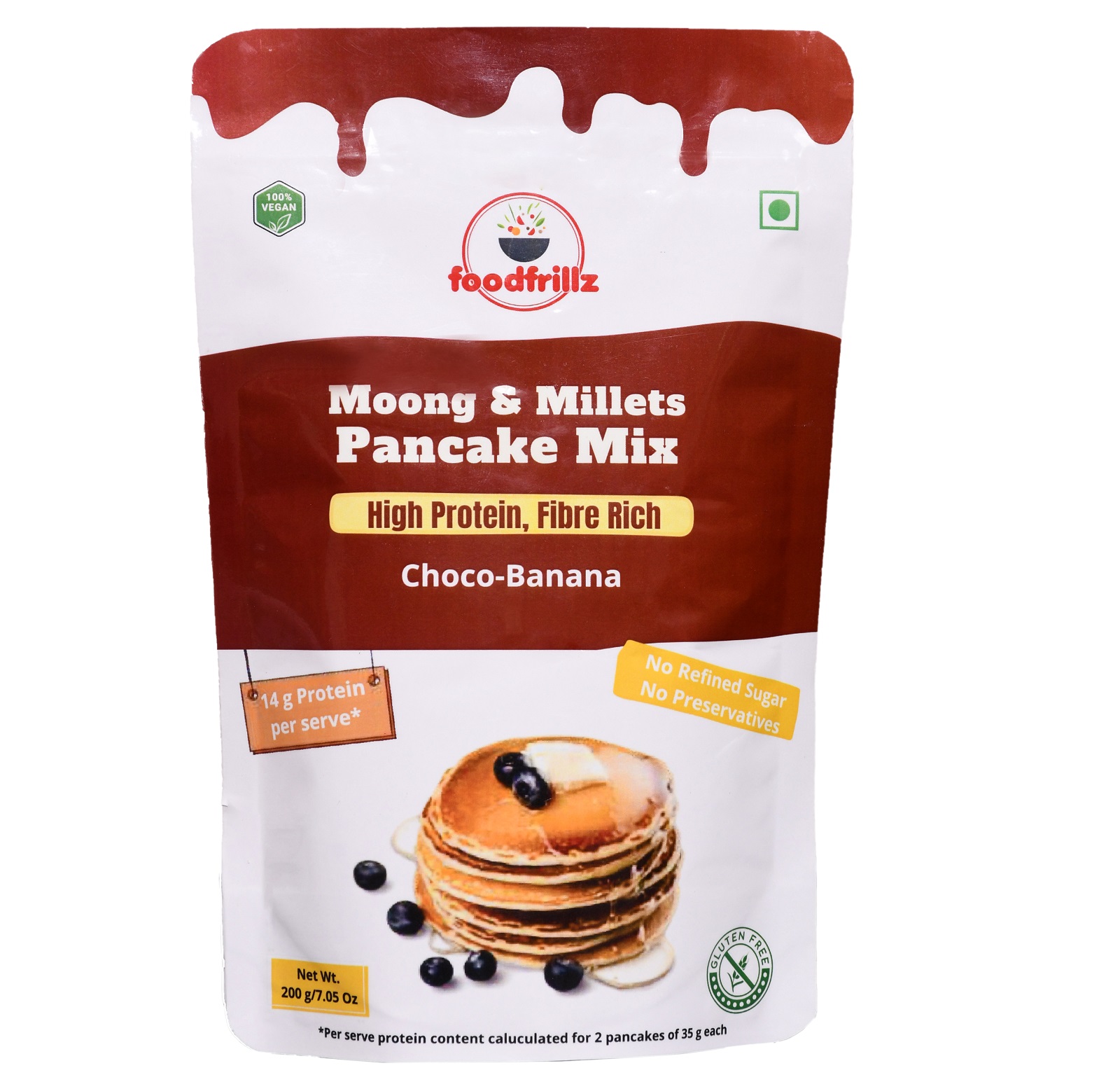 foodfrillz Millet Pancake Mix (Premix) - CHOCO-BANANA, Gluten Free, Made with Sprouted Moong and Jaggery, 200 g