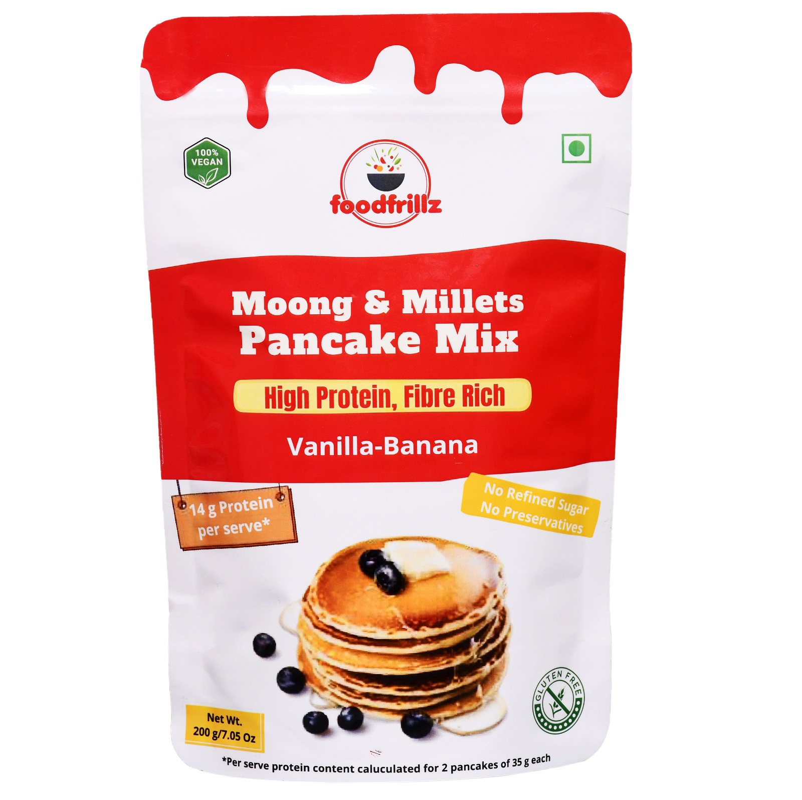 foodfrillz Millet Pancake Mix (Premix), VANILLA-BANANA Gluten Free, Made with Sprouted Moong and Jaggery, 200 g