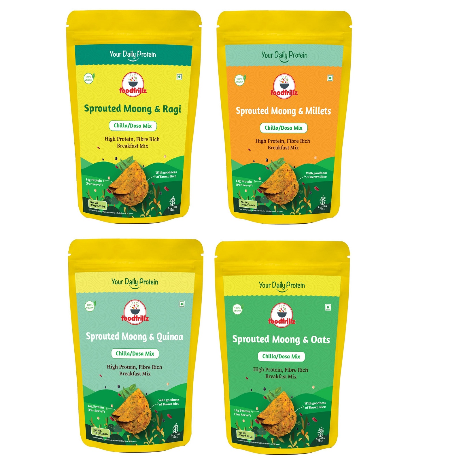foodfrillz Dosa/Chilla Premix - High Protein 4 flavours - Millets, Ragi,Quinoa & Oats (200 g x 4)