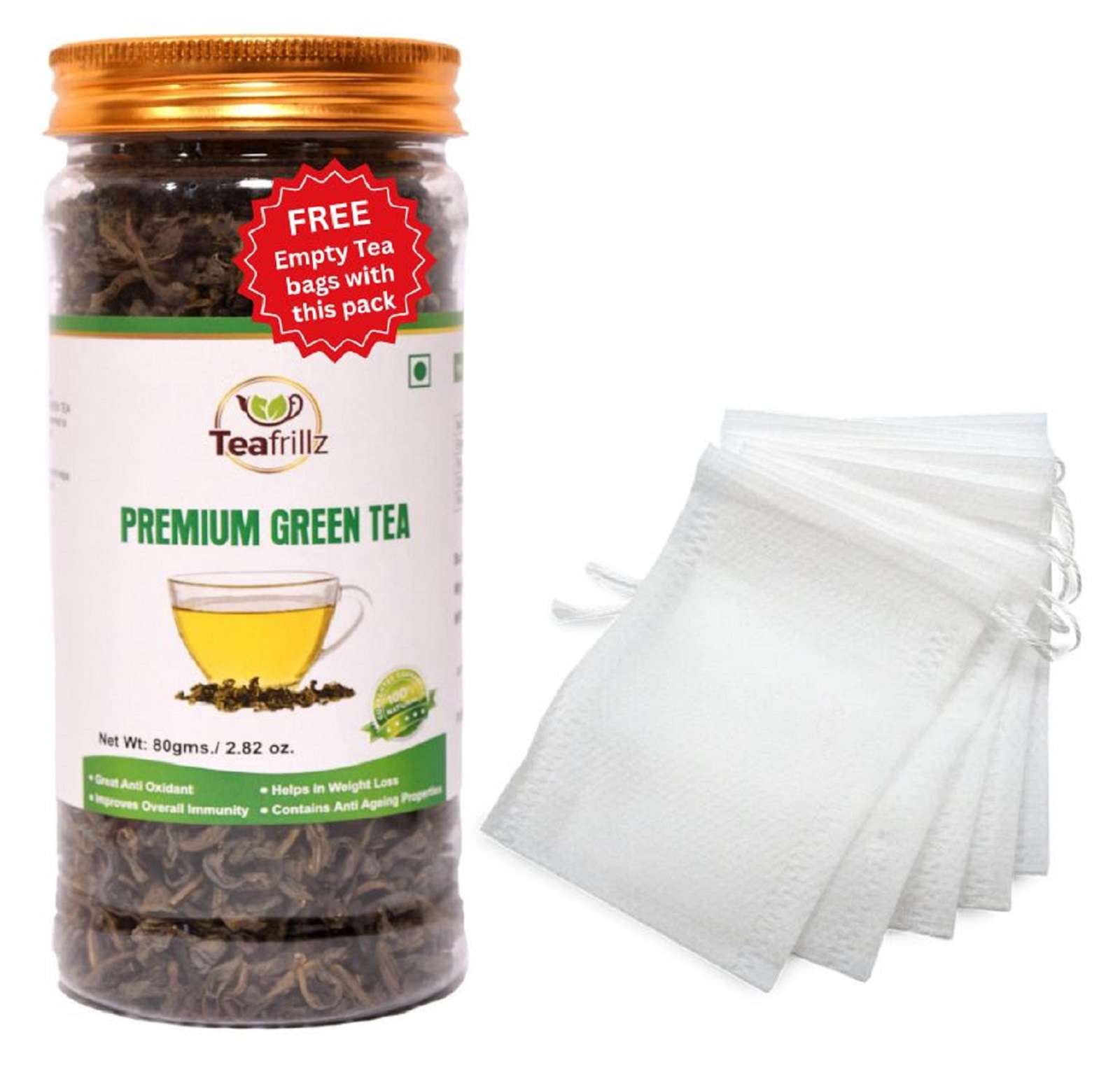 Teafrillz Green Tea,80 g (Loose Leaves) with FREE eco friendly tea bags (10 nos.)