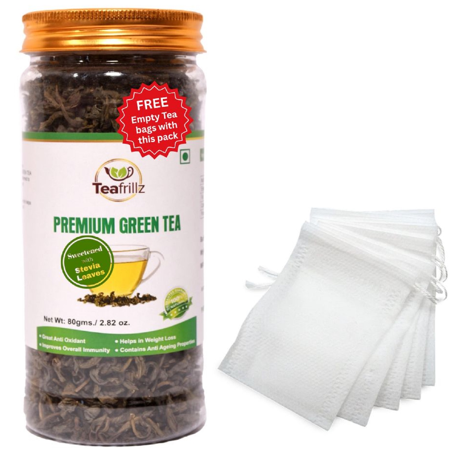 Teafrillz Green Tea with Stevia Leaves,80 g (Loose Leaves) with FREE eco friendly tea bags (10 nos.)