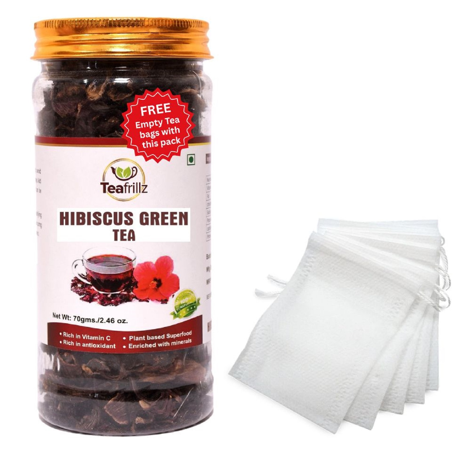 Teafrillz Hibiscus Green Tea,70 g (blend of green tea and hibiscus flower) with FREE eco friendly tea bags (10 nos.)