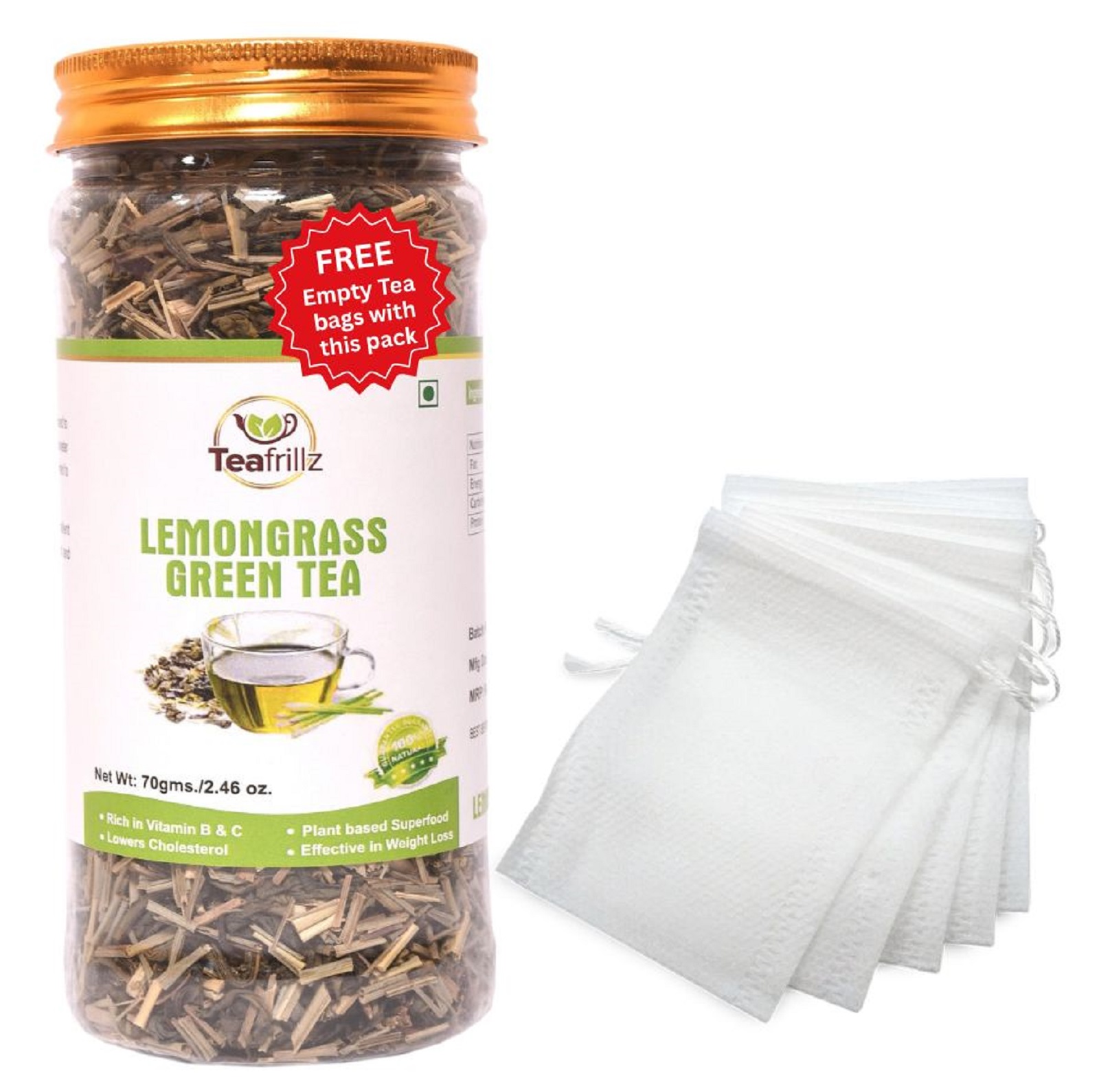Teafrillz LemongrassGreen Tea,70 g (blend of green tea and lemongrass) with FREE eco friendly tea bags (10 nos.)