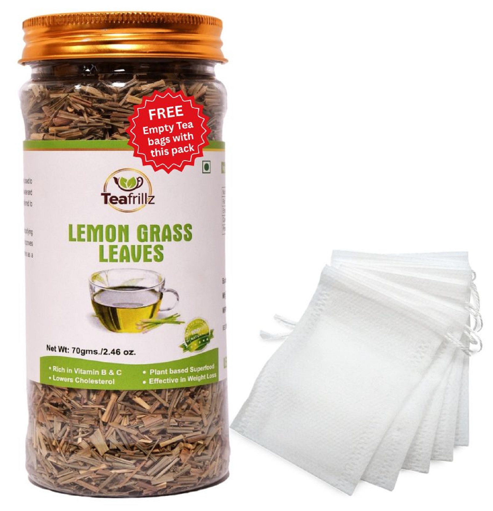 Teafrillz Lemongrass Leaves Herbal Tea,70 g with FREE eco friendly tea bags (10 nos.)