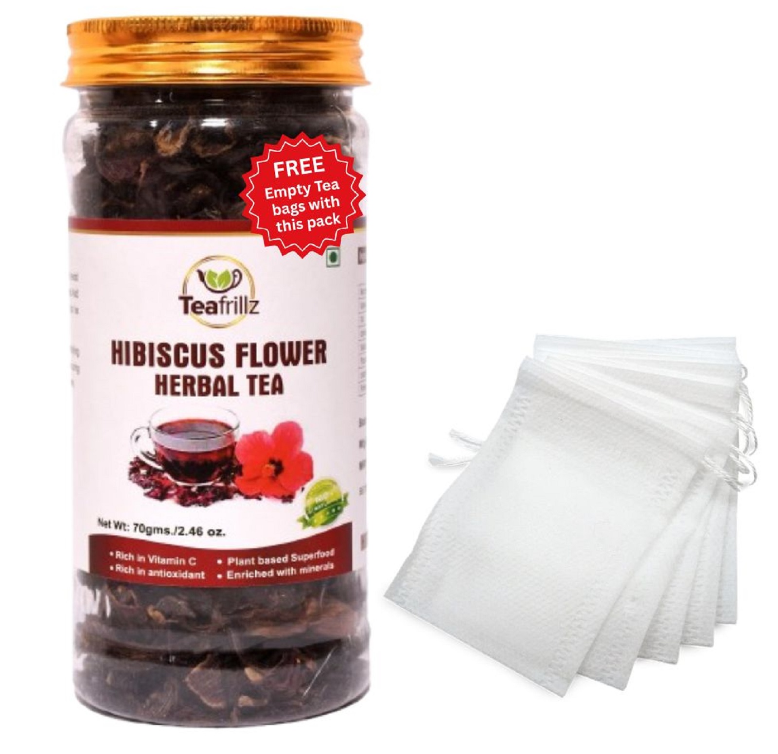 Teafrillz Hibiscus Flower Herbal Tea,70 g (Loose dried flower) with FREE eco friendly tea bags (10 nos.)