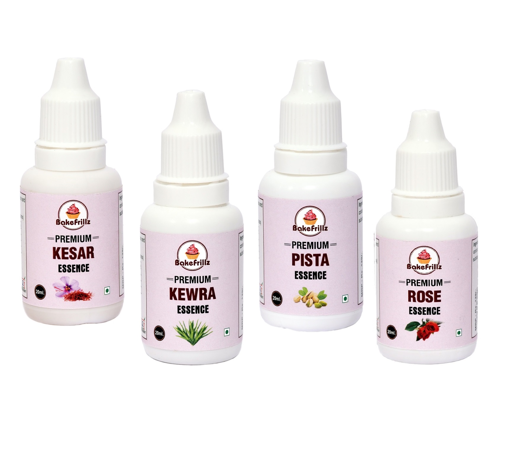 Bakefrillz Rose,Kesar,Pista & Kewra Essence, Combo Pack (20 ml x 4)